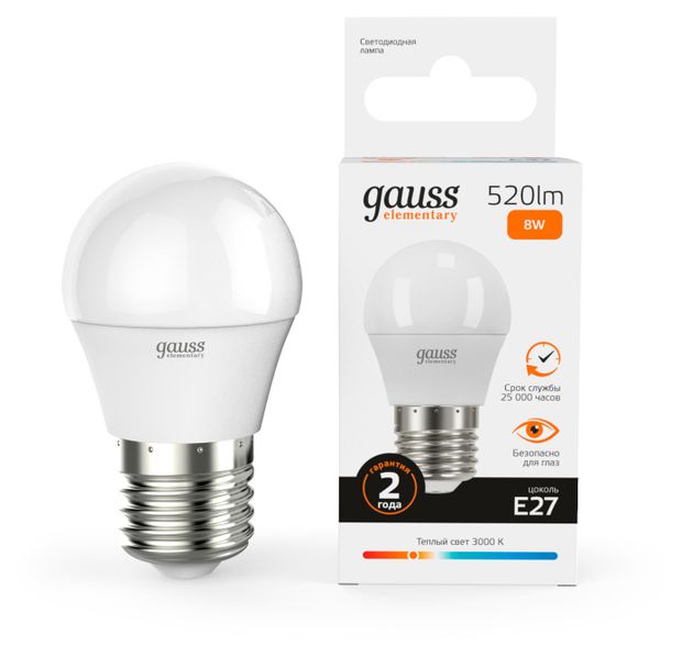 Лампа светодиодная Gauss 8W 3000K Е27 LED теплый белый свет, 1 шт