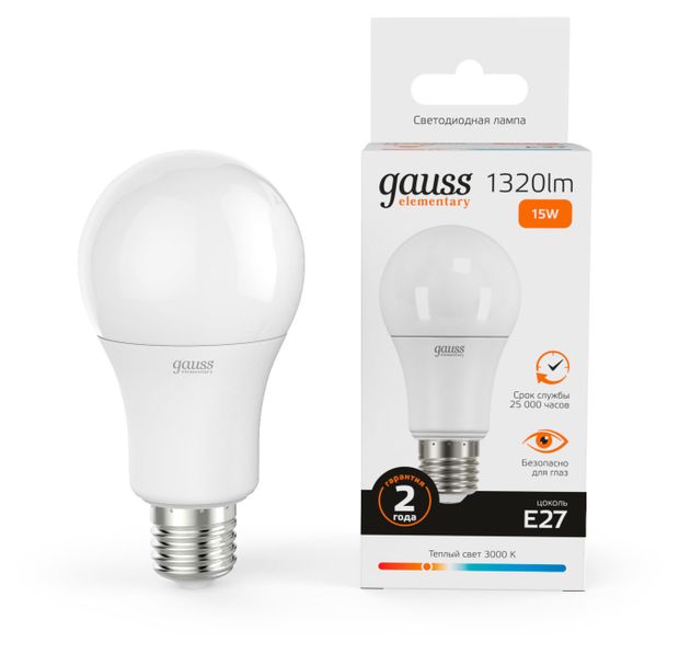 Лампа светодиодная Gauss 15W 3000K E27 LED теплый белый свет, 1 шт