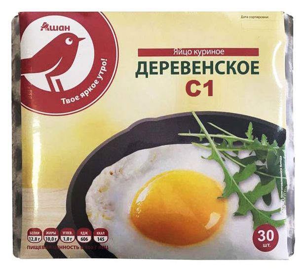 Яйцо куриное АШАН Красная птица деревенское С1 белое лоток, 30 шт