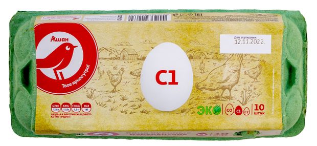 Яйцо куриное АШАН Красная птица Деревенское С1 столовое белое лоток 10 шт 120₽