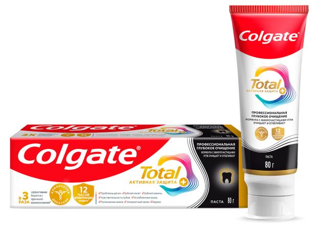 Зубная паста Colgate Total 12 Глубокое Очищение комплексная антибактериальная с древесным углем 80 г 175₽