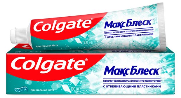 Зубная паста Colgate Макс Блеск Кристальная мята с отбеливающими пластинками для свежего дыхания и отбеливания зубов, 100 мл