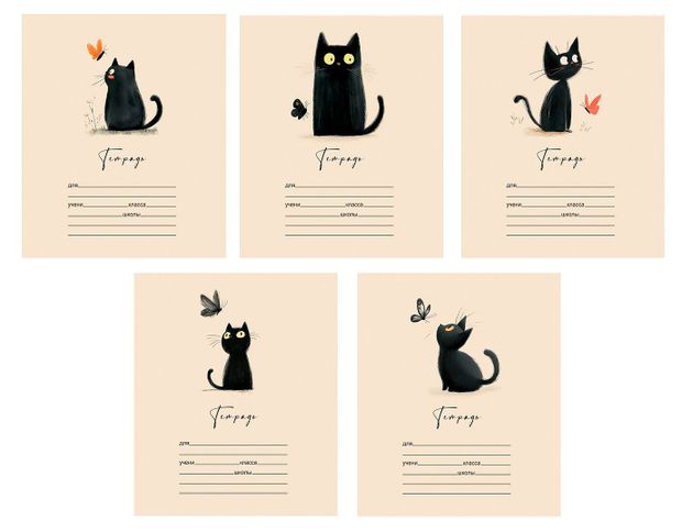 Тетрадь ПЗБМ Черный кот А5 в клетку 12 л, 1 шт в ассортименте