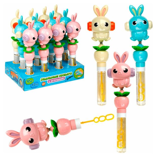 Мыльные пузыри 1TOY Мы-шарики! с игрушкой качалкой заяц, 40 мл в ассортименте