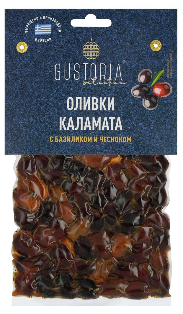 Оливки Gustoria с чесноком и базиликом Греция, 200 г