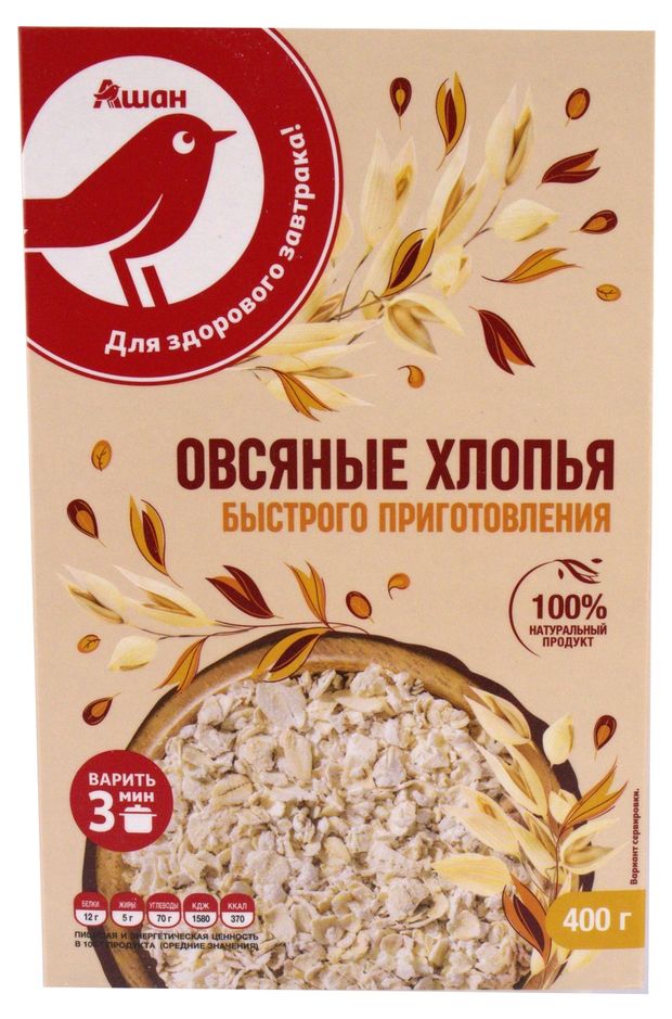 Хлопья овсяные АШАН Красная птица быстрого приготовления 400 г 70₽