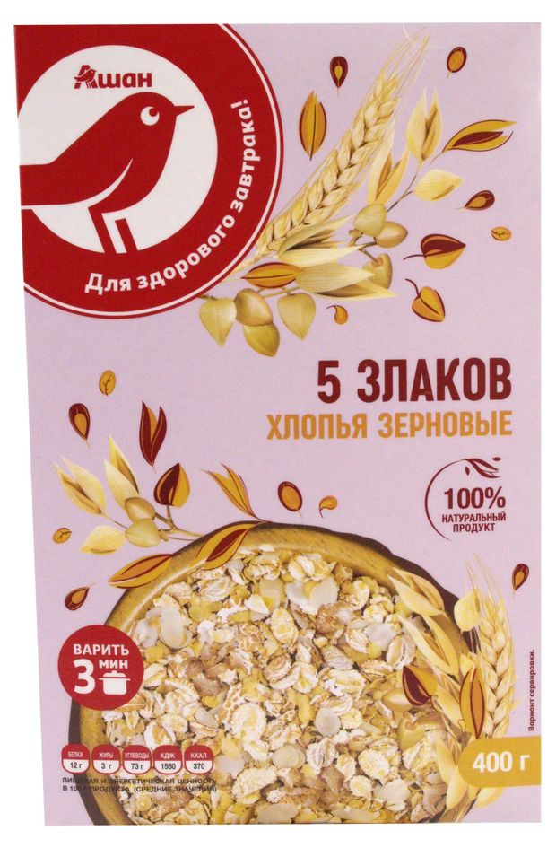 Хлопья зерновые АШАН Красная птица 5 злаков быстрого приготовления 400 г 75₽