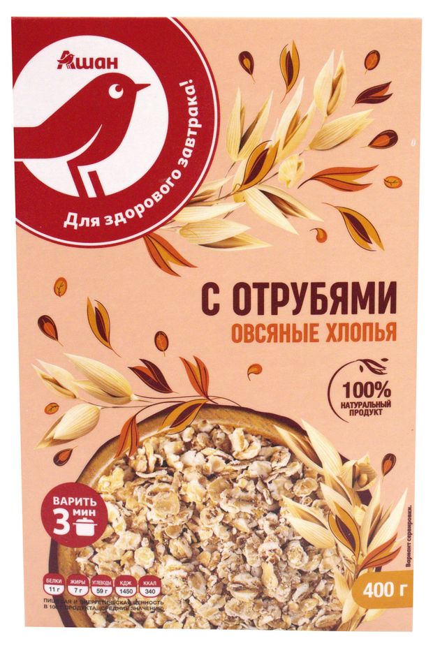 Хлопья овсяные АШАН Красная птица с отрубями 400 г 70₽