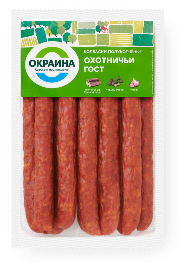 Колбаски Охотничьи полукопченые Окраина на буковой щепе ГОСТ 320 г 380₽