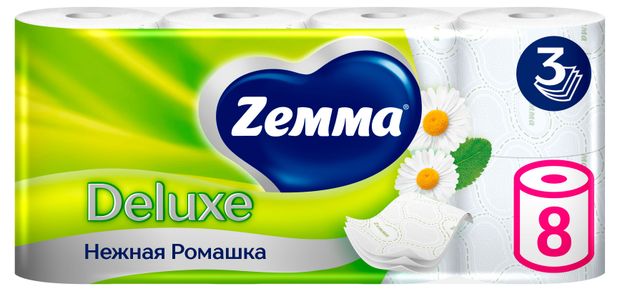 Туалетная бумага Zemma Deluxe Нежная Ромашка 3 слоя, 8 рулонов