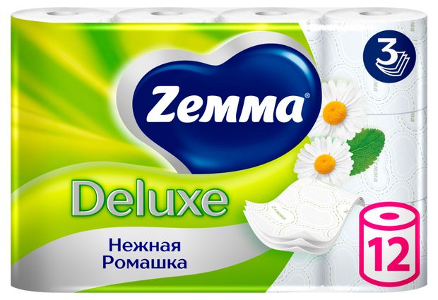 Туалетная бумага Zemma Deluxe Нежная Ромашка 3 слоя, 12 рулонов