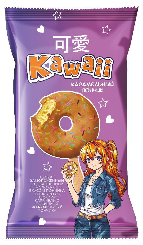 Десерт замороженный с добавлением молока Kawaii Карамельный пончик в глазури с посыпкой 5%, 65 г