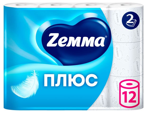 Туалетная бумага Zemma Плюс Белая 2 слоя, 12 рулонов