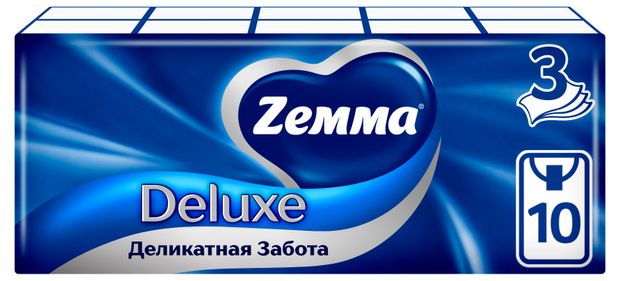 Платочки бумажные носовые Zemma Деликатная Забота 3 слоя, 10 х 10 шт
