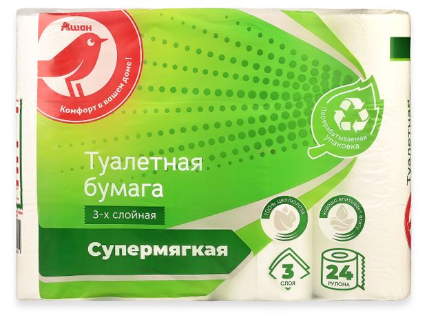 Бумага туалетная АШАН Красная птица Супрмягкая 3-х слойная, 24 рулона