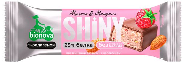 Батончик протеиновый Bionova Shiny глазированный малина и миндаль без добавления сахара, 40 г