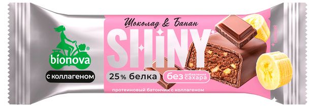 Батончик протеиновый Bionova Shiny глазированный шоколад и банан без добавления сахара, 40 г
