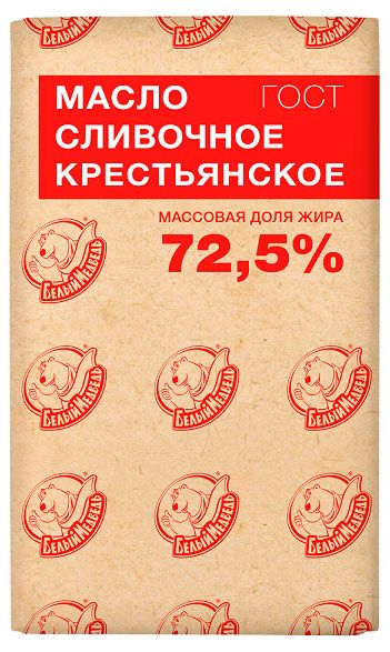Масло сладко-сливочное Белый Медведь Крестьянское несоленое 72,5% ГОСТ БЗЖМ, 320 г