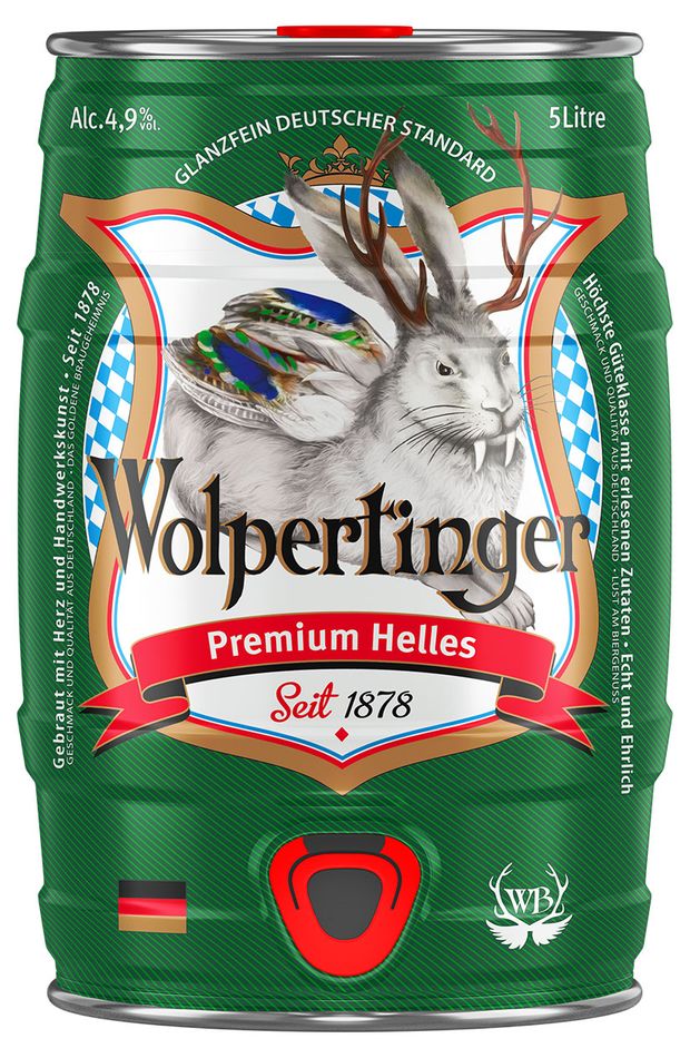 Пивной напиток светлый Wolpertinger Premium Helles фильтрованное 4,9% Германия, 5 л