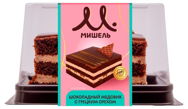 Торт медово-бисквитный Мишель Шоколадный медовик с заварным кремом и грецким орехом охлажденный, 220 г