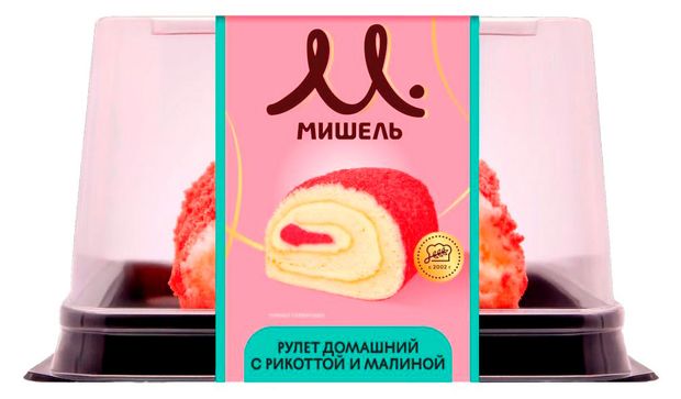 Рулет бисквитный Мишель Домашний с рикоттой малиной творожным кремом и малиновой начинкой охлажденный, 230 г