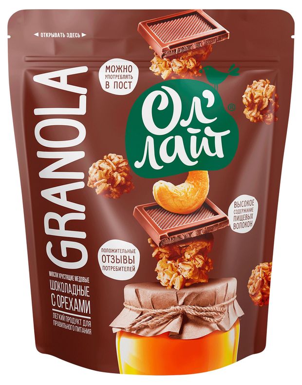 Мюсли запеченные Ол'Лайт Granola шоколадные с орехами, 280 г