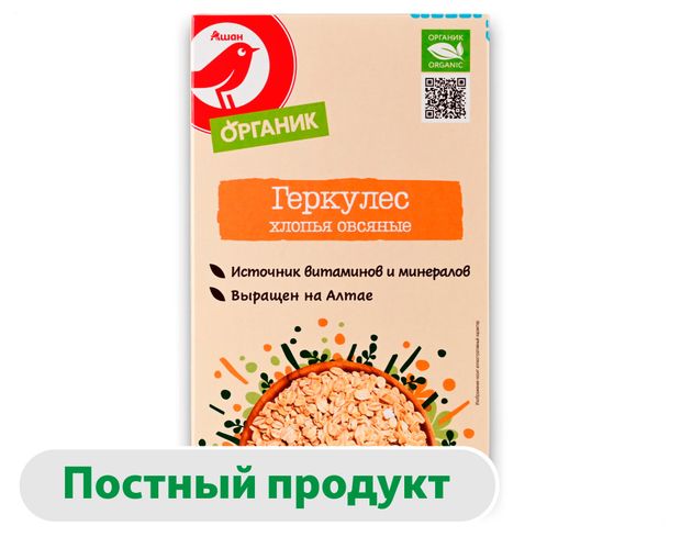 Хлопья овсяные АШАН Красная птица Органик Геркулес, 250 г