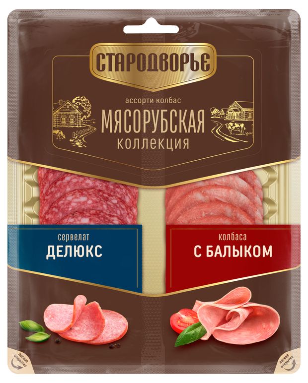 Колбаса варено-копченая Стародворье Ассорти Сервелат Делюкс/Колбаса с балыком нарезка, 80 г