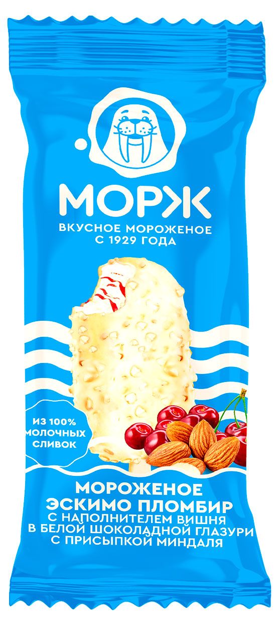 Мороженое пломбир эскимо Морж с вишней и миндальной присыпкой 15% ГОСТ БЗМЖ, 80 г