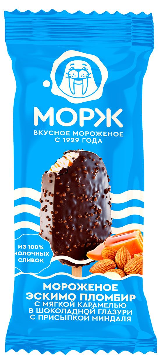 Мороженое пломбир эскимо Морж мягкая карамель с присыпкой миндаля 15% ГОСТ БЗМЖ, 80 г