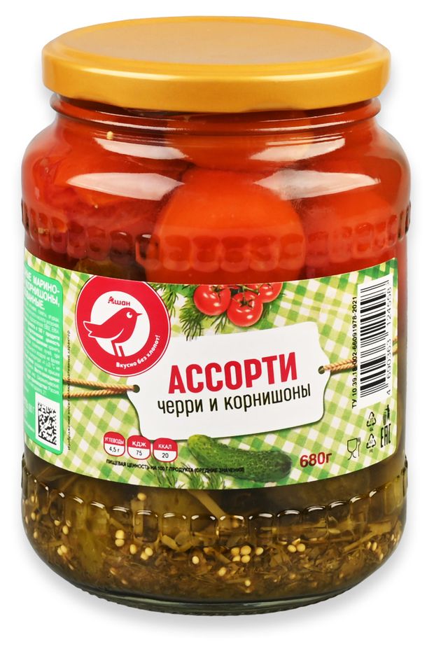 Ассорти овощное АШАН Красная птица черри и корнишоны, 680 г