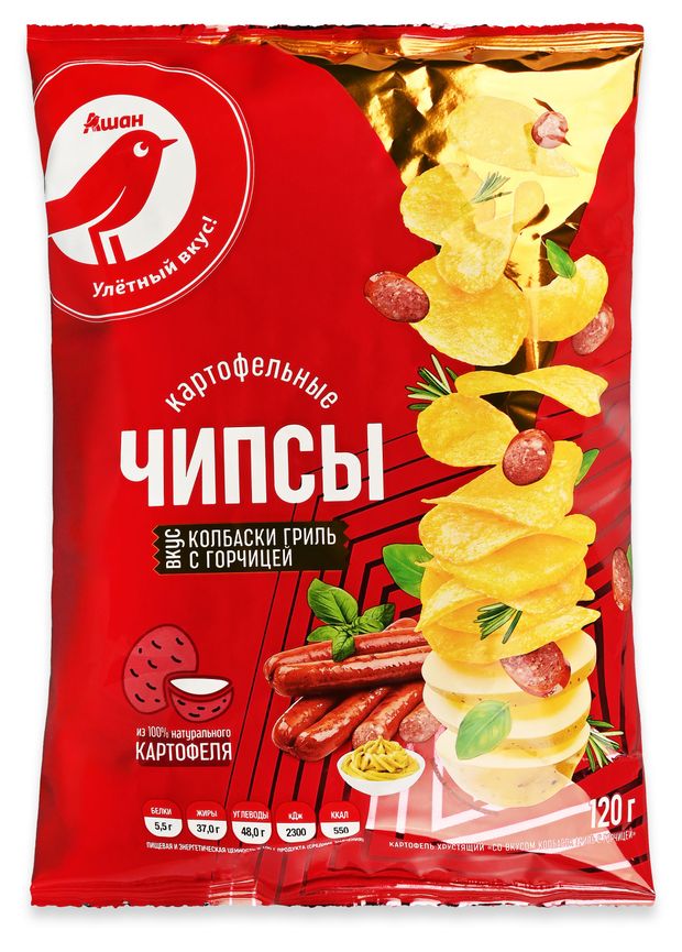 Чипсы картофельные АШАН Красная птица Колбаски гриль с горчицей, 120 г