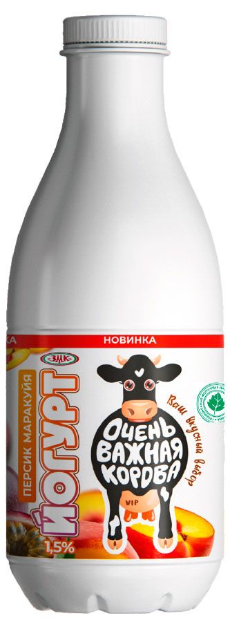 Йогурт питьевой Очень важная корова Персик маракуйя БЗМЖ, 900 г