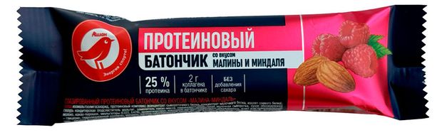 Батончик протеиновый АШАН Красная птица со вкусом малины и миндаля, 40 г