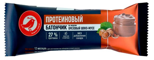 Батончик протеиновый АШАН Красная птица со вкусом ореховый шоко-мусс, 60 г