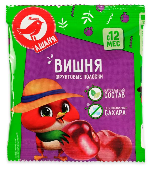 Фруктовые полоски АШАН Красная птица Ашаня вишня без сахара с 12 мес., 30 г