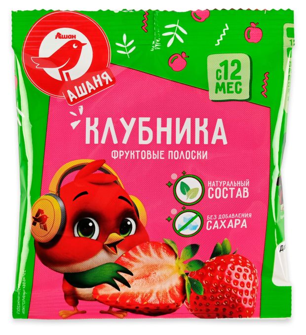 Фруктовые полоски АШАН Красная птица Ашаня клубника без сахара с 12 мес., 30 г