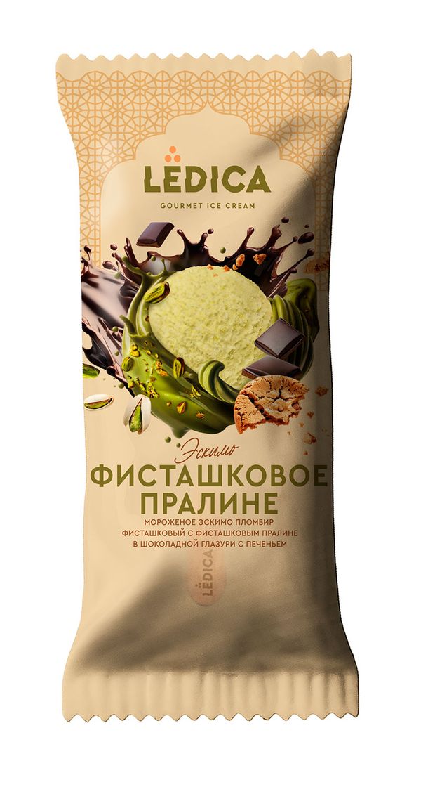 Мороженое молочное LеDiCA Пломбир фисташковый с фисташковым пралине в шоколадной глазури с печеньем эскимо, 70 г