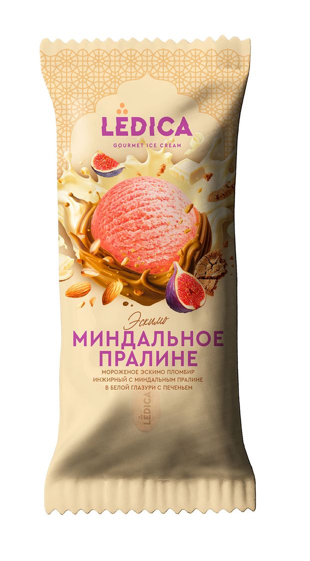 Мороженое молочное LеDiCA Пломбир инжирный с миндальным пралине в белой глазури с печеньем эскимо, 70 г