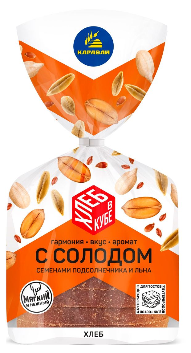 Хлеб ржано-пшеничный Каравай В кубе с солодом семенами подсолнечника и льна нарезка, 250 г