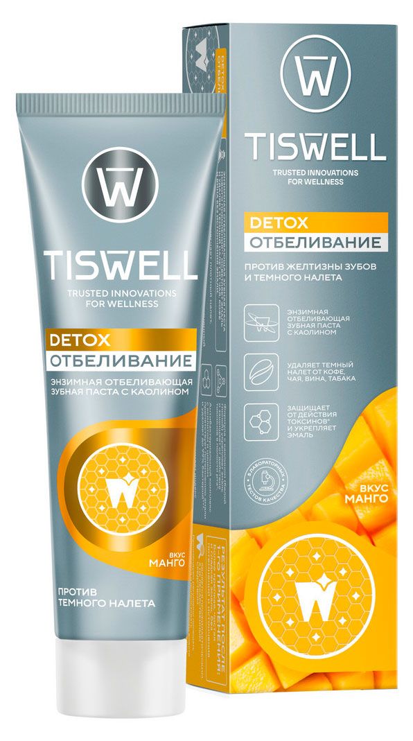 Зубная паста TISWELL отбеливающая энзимная от темного налета и камня с каолином и фтором со вкусом манго, 110 г