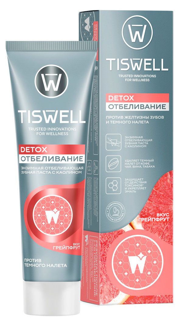 Зубная паста TISWELL отбеливающая энзимная от темного налета и камня с каолином и фтором со вкусом грейпфрут, 110 г