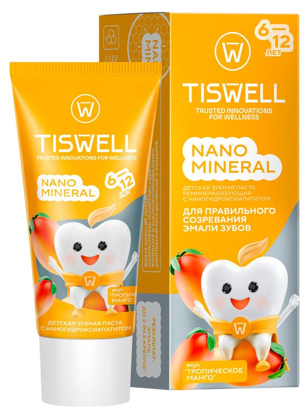 Зубная паста детская TISWELL реминерализующая от кариеса с наногидроксиапатитом и фтором Манго 6-12 лет, 60 г