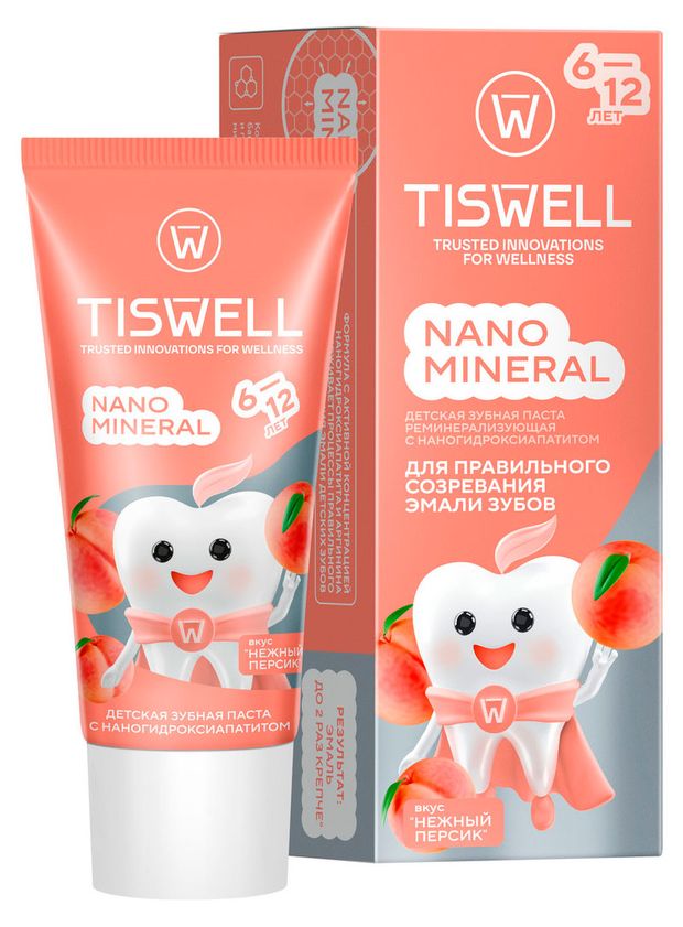 Зубная паста детская TISWELL реминерализующая от кариеса с наногидроксиапатитом и фтором Нежный персик 6-12 лет, 60 г