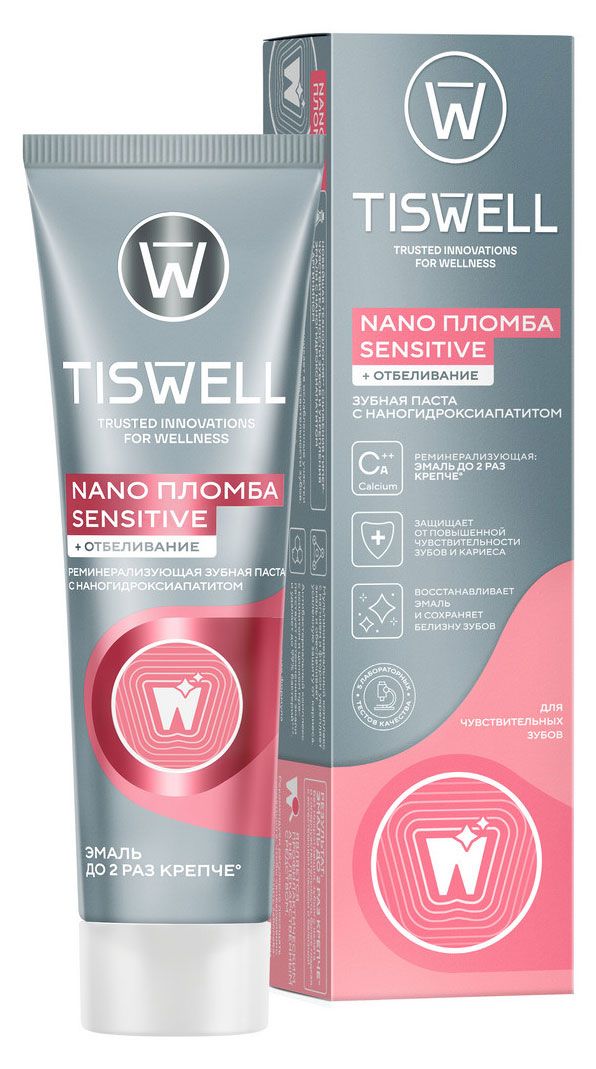 Зубная паста TISWELL отбеливающая реминерализующая для чувствительных зубов с наногидроксиапатитом, 110 г