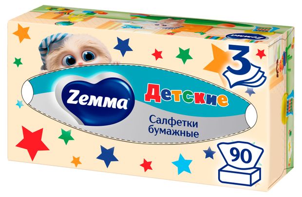 Салфетки бумажные в коробке Zemma Детские 3 слоя, 90 шт