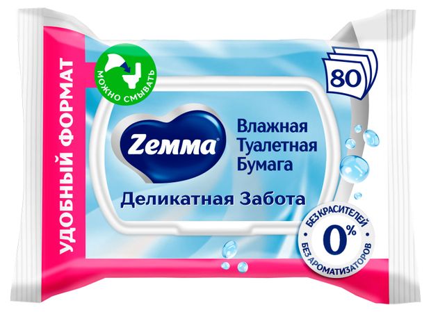 Влажная туалетная бумага Zemma Деликатная Забота, 80 листов