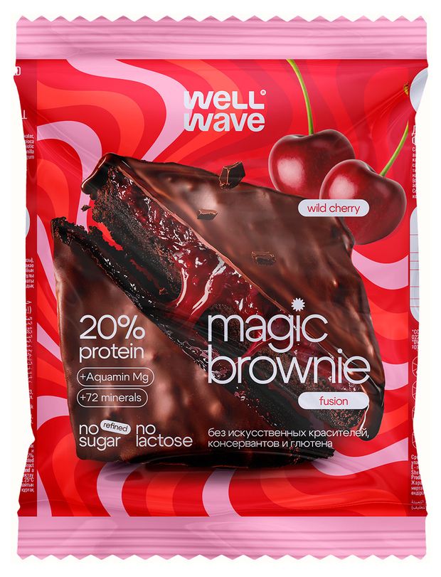 Пирожное протеиновое Well Wave Magic Brownie Fusion Дикая вишня без добавленного сахара, 60 г