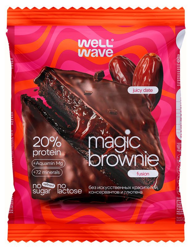 Пирожное протеиновое Well Wave Magic Brownie Fusion Сочный финик без добавленного сахара, 60 г