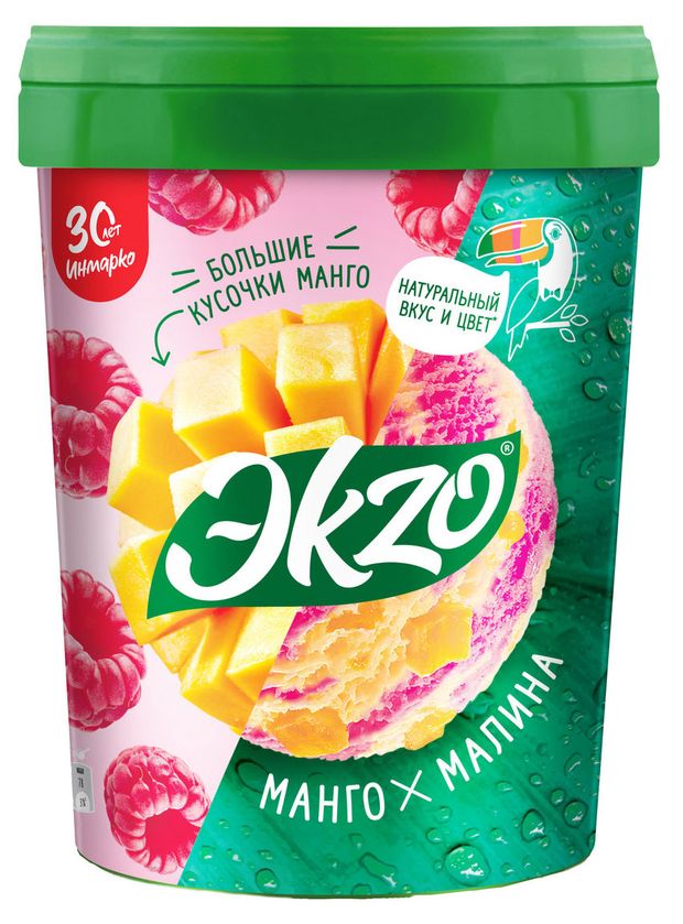 Мороженое семейное молочное Эkzo Манго малина с кусочками манго ведерко 2% БЗМЖ, 520 г